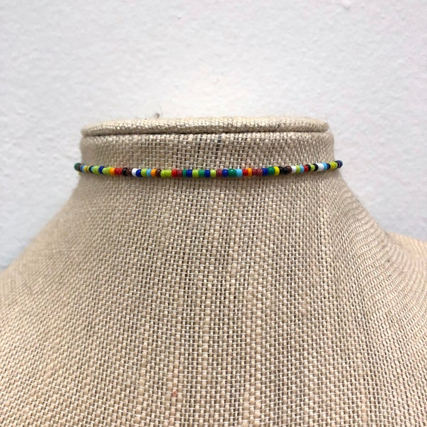 Multi color beaded memory wire choker necklace - beaded choker wire choker thin choker colorful choker red choker blue choker glass beads