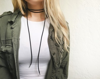 Black suede bolo choker with silver endings - tie choker, suede choker, leather choker, suede necklace