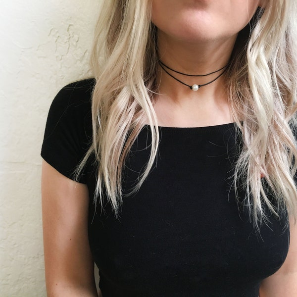 Black double strand pearl choker necklace, thin choker, wrap pearl choker, double pearl choker, three pearl choker