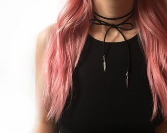 Black suede choker bolo with feather charms