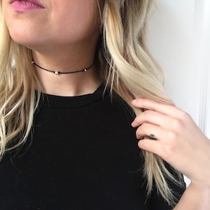 Thin silver beaded choker necklace, black choker, thin black choker, silver choker, dainty choker
