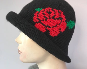 Crocheted Black Romantic Rose Bucket Hat