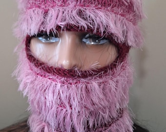 Pink Faux Fur Knit Balaclava: Fringe Face Mask, Winter Warmth