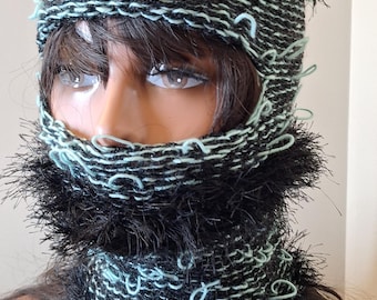Avant Garde Knit Balaclava, Black Mint Green Textured Ski Mask, Y2K Hood