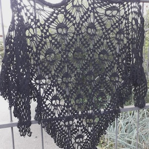 Handmade Black Skull Shawl – Crochet Triangle Wrap, Gothic Festival Scarf, Alternative Wedding Cape