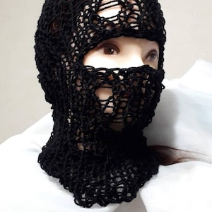 Wool blend black balaclava mask, sheer knit helmet, funny balaclava with eyes