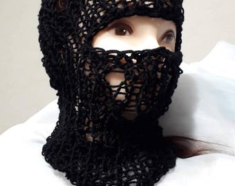 Wool blend black balaclava mask, sheer knit helmet, funny balaclava with eyes
