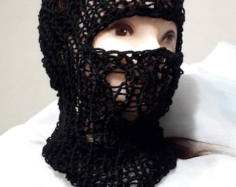 Wool blend black balaclava mask, sheer knit helmet, funny balaclava with eyes