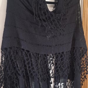 Handmade Black Fringe Shawl – Organic Cotton Linen Wrap – Boho Gothic Palantine from Ukraine