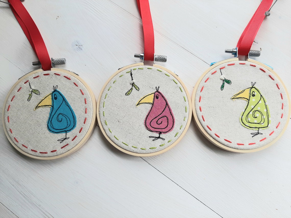 Embroidered Christmas Quirky Bird Hoop Bauble Tree Decoration by Sarah