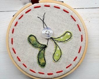 Embroidered Christmas Mistletoe hoop bauble tree decoration by Sarah Ames Textile Art