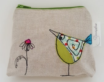 Quirky bird applique coin purse. Handmade linen purse with applique bird decoration.