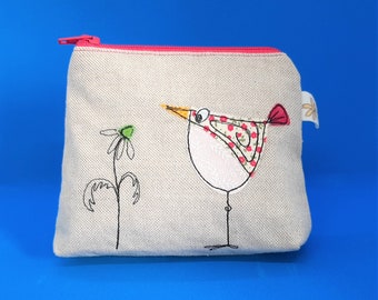 Quirky bird purse. Linen purse with applique bird decoration