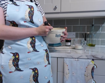 Stanley penguin adult sized apron. Printed cotton apron from an original embroidery by Sarah Ames
