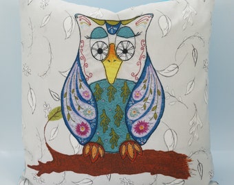 Olive Owl Printed Cushion. From and original embroidery by SarahAmesTextileArt.