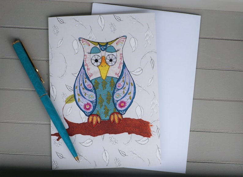 Olive the Owl greetings card   from original embroidery by image 1