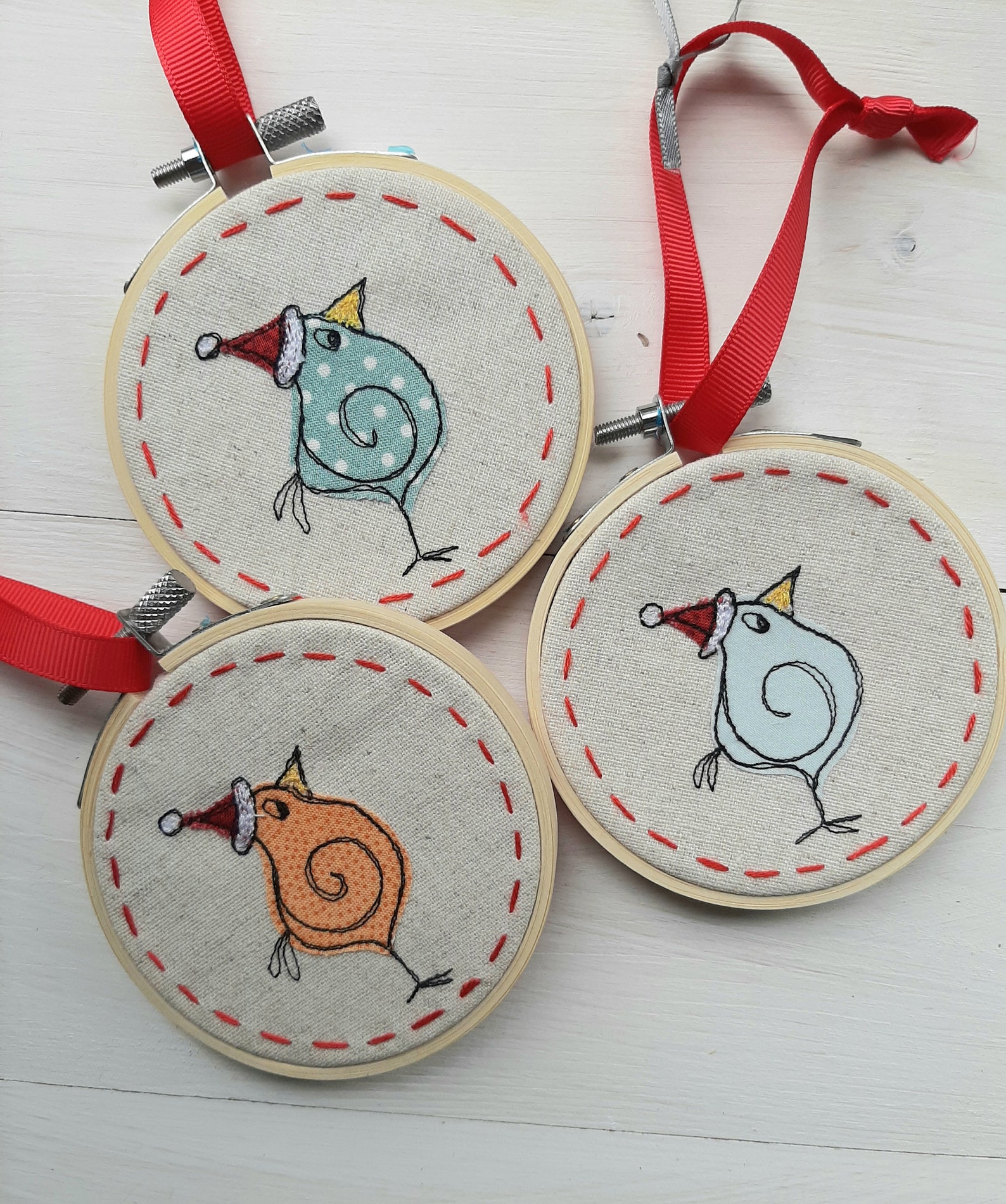 Embroidered Christmas Quirky Bird Hoop Bauble Tree Decoration Etsy