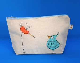 Quirky bird linen pouch. Handmade pouch embellished with applique and stitch