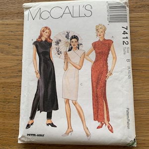 McCalls 7412 Fitted Oriental Style Dress, Mandarin Collar, Cap Sleeves, Skirt Variations, and Pants. Partly Cut at Size 12