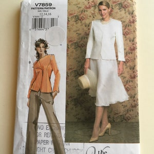 May include: A sewing pattern for a jacket and skirt. The pattern is for sizes 12, 14, and 16. The pattern is from Vogue Woman.