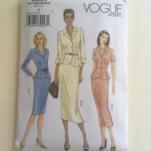 Vogue V8026 Peplum top with collar, fitted skirt, Uncut, Easy to sew, Sizes 8-10-12, sleeve variations,