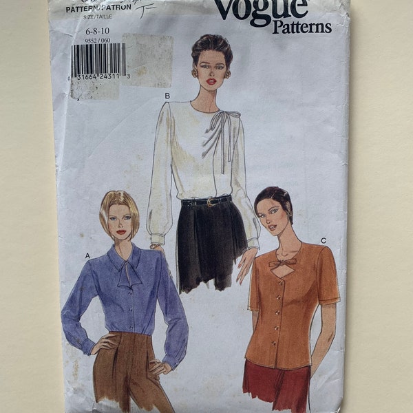 Vogue 9552 Petite Blouse, loose fitting, neckline variations, easy to sew, Sizes 6-8-10 Uncut