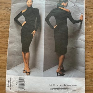 Vogue 2645 Donna Karan Close Fitting, Tapered, Exposed Shoulder, Knee-length Dress for Stretch Knits, Size 8-10-12 Uncut Sewing Pattern