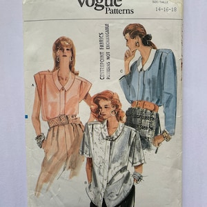 Könnte beinhalten: Ein Vintage-Schnittmuster von Vogue für eine Bluse mit drei verschiedenen Stilen. Das Schnittmuster ist für die Größen 14-16-18 und wird von Centrepoint Fabrics hergestellt.