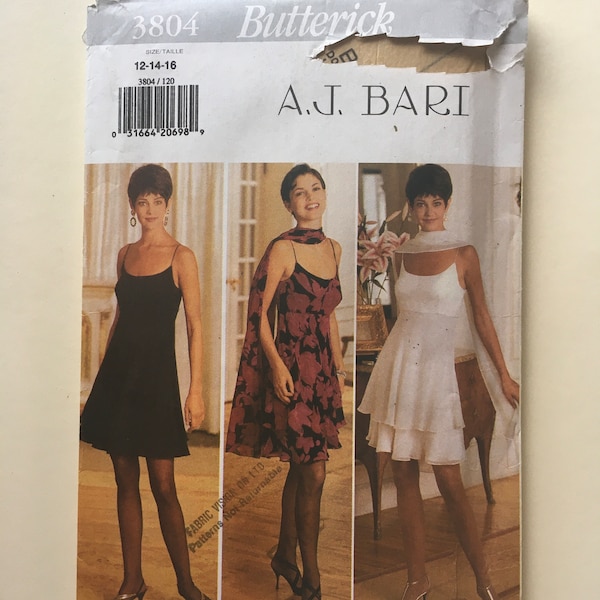 Butterick 3804 A J Bari, short bias flared dress with overskirt, spagetti straps for summer, or evening wear, Size 12, 14, 16 - Uncut