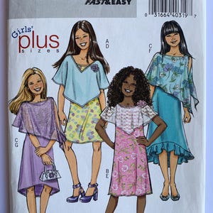 May include: A Butterick sewing pattern for girls' plus sizes. The pattern features illustrations of four girls wearing different outfits, including dresses and tops. The pattern number is B4681, and it is for sizes 7-8-10-12-14.