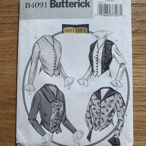 Może przedstawiać: Zabytkowy wzór krawiecki Butterick, B4091, z ilustracjami historycznych kurtek. Wzór zawiera różne style kurtek z zapięciami na guziki, szczegółowymi rękawami i elementami dekoracyjnymi. Wzór jest dla rozmiarów 6, 8 i 10.