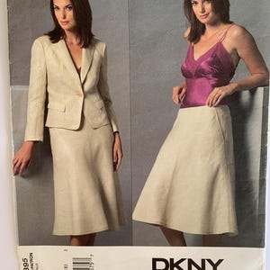 May include: A DKNY sewing pattern featuring a skirt and jacket ensemble. The pattern includes a skirt and a blazer with a single-button closure. The image also shows a camisole and skirt combination. The pattern is size E (14-16-18).
