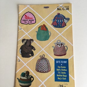 May include: A vintage Patons Craft Book No. C.18 with a yellow cover featuring a white diamond grid pattern. The cover displays illustrations of various knitted items including tea cozies, a koala, and a list of projects: Gifts to Knit.