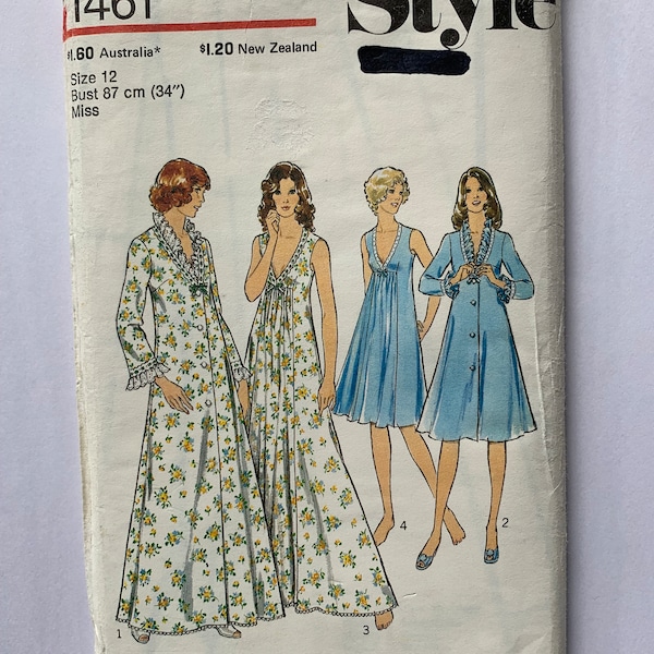 Style 1461 Flowing Glamour Negligee and Nightdress / Gown - 2 lengths,   Frilled trim, 1970's Pattern Size 12 Bust 34 inches Uncut