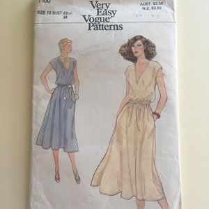 May include: A vintage sewing pattern for a dress, featuring two illustrations of women wearing the dress. The pattern is for size 12, bust 87 cm (34 inches). The pattern is titled "Very Easy Vogue Patterns" and includes the price in Australian and New Zealand dollars.