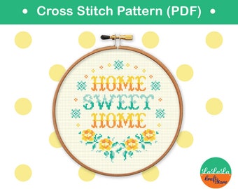 Home Sweet Home Cross stitch Pattern,  Funny cross stitch sampler, Floral embroidery design, Point de croix PDF