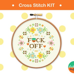 Adult cross stitch kit Fuck off cross stitch kit , flower embroidery design , funny needlepoint kit image 1