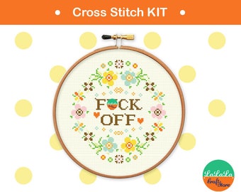 Adult cross stitch kit - Fuck off cross stitch kit , flower embroidery design , funny needlepoint kit