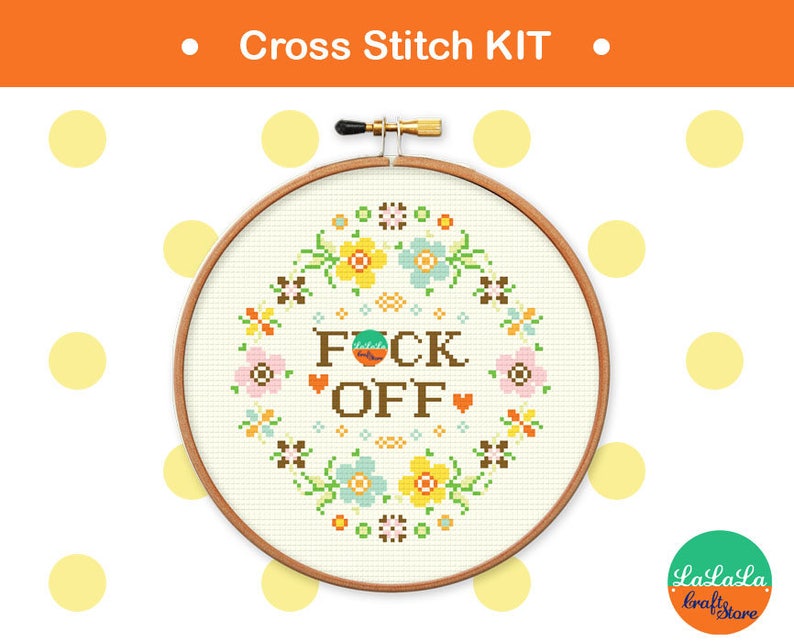 Adult cross stitch kit Fuck off cross stitch kit , flower embroidery design , funny needlepoint kit image 1