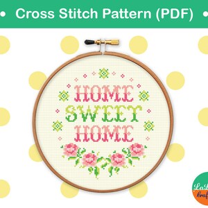 Home Sweet Home Cross stitch Pattern, Funny cross stitch sampler, Floral embroidery design, Point de croix PDF image 3
