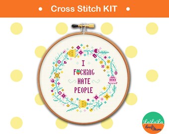 Modern cross stitch kit. Funny embroidery for adult crossstitch. Mature cross-stitch. Swear word cross stitch chart. I Fucking hate people