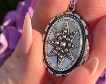 Antique Victorian Studded Star and Flower Locket - Hallmarked 1888 - Celestial Pendant - Vintage Locket