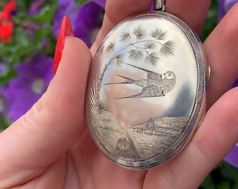 Antique Silver Locket with Swallow Bird and Flowers - Victorian Locket - Hallmarked 1879 - Vintage Locket