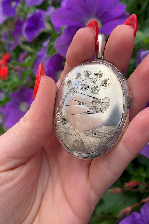 Antique Silver Locket with Swallow Bird and Flowers - Victorian Locket - Hallmarked 1879 - Vintage Locket