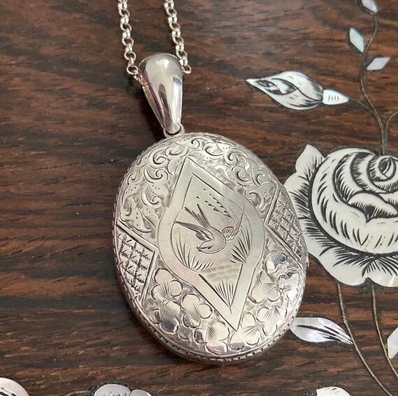 Antique Silver Swallow Locket / Victorian Bird Loc