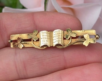 Antique Edwardian 9ct Gold Mizpah Brooch with Book and Flowers - Hallmarked 1902 - Vintage Gold Brooch