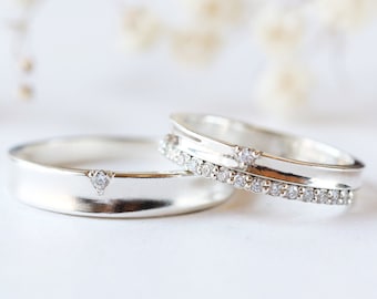 Wedding matching band his and hers couple rings Halfway stone wedding band 14K Gold engagement band wedding band Wedding set promise ring