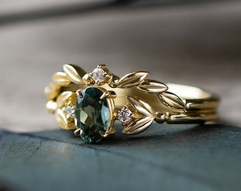 Vintage wedding band green Tourmaline gemstone ring twig and leaf engagement ring dainty branch ring unique ring anniversary ring