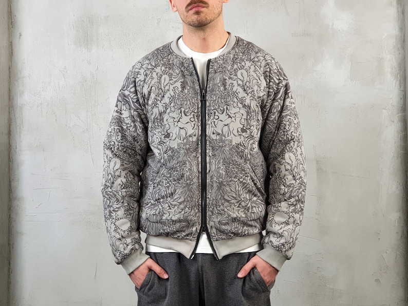 Samurai Unisex Grey Bomber Jacket Samurai Mask Dragon Japanese Lotus Flowers Cotton Bomber Jacket Graphic Bomber Printed Jacket Gift idea