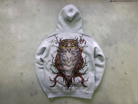 Forest Hunter Owl Grey Hoodie Unisex Grey Hoodie With Owl Bow Etsy